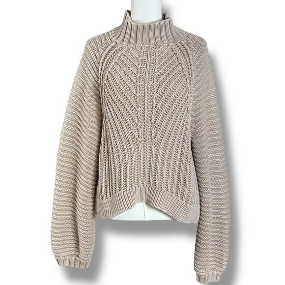 Free People Sweetheart Chunky Knit Mock Neck Oversized Sweater Large Tan Nude - Picture 6 of 16